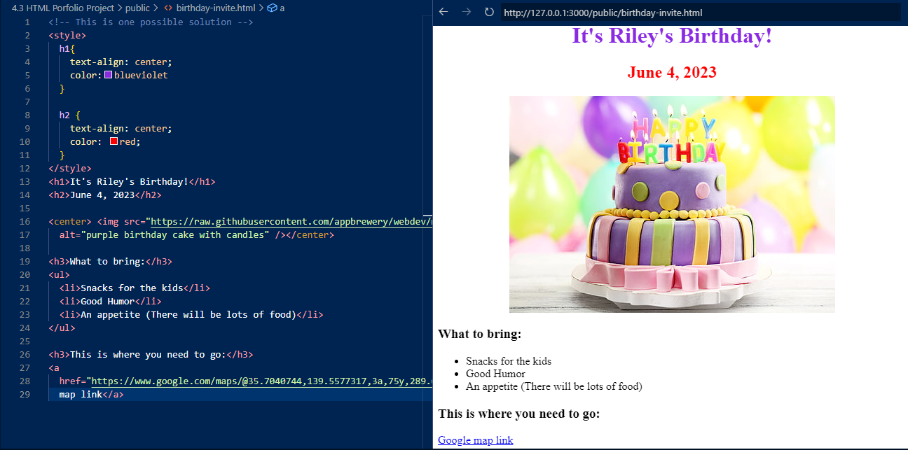 code and website of a birthday invite